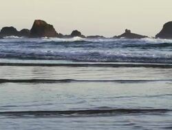 MS PAN SLO MO Shot of beautiful waves on rocky Pacific Northwest coast of Oregon / Astoria, Oregon, United States  Stock Footage