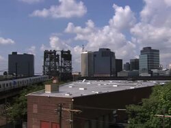 A commuter train heads towards Newark, New Jersey Stock Footage