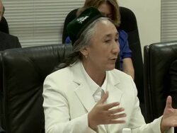 2009 MS ZO Rebiya Kadeer, president of the World Uygur Congress, speaking at press conference with translator about hopes that the US Government will address the Uygur region and the need for international investigative teams/ Washington D.C., USA/ AUDIO Stock Footage