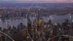 animated data numbers stream connected with city skyline background. business networking concept Stock Footage