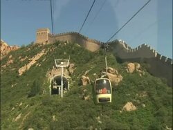 View of Great Wall of China from rear of cable car, Point of view, POV, Badaling, China Stock Footage