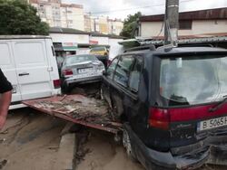 Smashed and overturned vehicles after the devastating flooding in Varna, Bulgaria Stock Footage