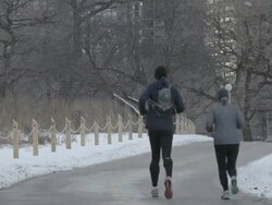 WS Joggers in park in winter Stock Footage