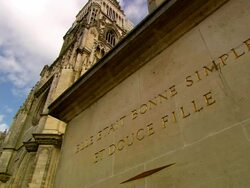 CU LA Domremy Basilica engraving / Domremy-la-Pucelle, Lorraine, France Stock Footage