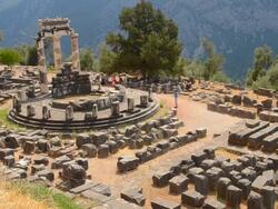 WS View of famous Greek Temple of Athena place of Philosophy for Socrates Oracle of stone from above / Delphi, Greece Stock Footage