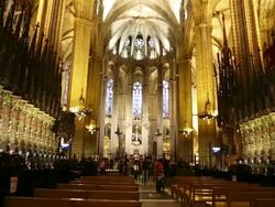 Cathedral (Cathedral of Santa Eulalia), view of the choir seats, Barcelona, Spain Stock Footage
