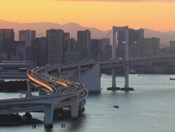 View of Tokyo downtown at night with Rainbow Bridge Stock Footage