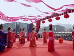 MS PAN People dressed in tang dynasty costumes showing traditional ceremony during chinese spring festival  AUDIO  / xi'an, shaanxi, china Stock Footage