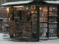 WS View of Magazine newsstand in snow / New York City, New York, USA  Stock Footage