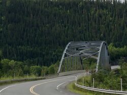 A road with a bridge surrounded by forest Stock Footage