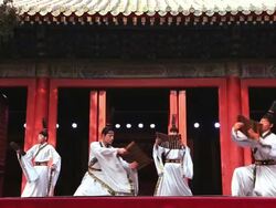 WS SLO MO Shot of dancers performing traditional costumes AUDIO / Beijing, Hebei Province, China Stock Footage