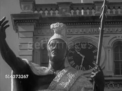 1953: HONOLULU, HAWAII: VS King Kamehameha I statue in front of Aliiolani Hale judicial building. Angled WS Same building w/ parked cars, VS Appointed Territorial Governor of Hawaii Samuel Wilder King SOT saying on brink of statehood. Instructional Video