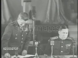 MOT 1945: DIVIDING KOREA: ** VS United States General John R. Hodge (1893-1963) speaking about continuing peace with Korea (SOT), Russian General Terentii Fomich Shtykov (1907-1964) speaking about negotiations in Korea. Instructional Video