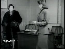 1948: ADVICE FROM DOCTOR: Office door sign 'Brandt Enos, M.D.' Woman w/ receptionist in office, walking into doctor's office, sitting in chair, elder gray haired doctor speaking, woman talking to physician (no SOT). Instructional Video