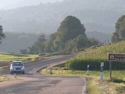 WS Car moving on road with road sign / KÃƒÂ¶rrig, Saargau, Rhineland-Palatinate, Germany Stock Footage