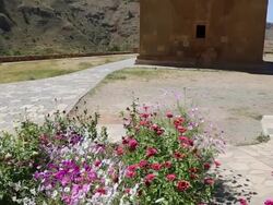 Noravank monastery, butterfly and flowers in the entrace of the complex, and Surb Astvatsatsin in the background  Stock Footage