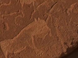 Face of lion engraving in Rock art at Twyfelfontein, zoom out, North Western Namibia. National Monument and World Heritage Site Stock Footage
