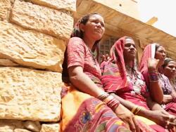 Low angle view of four rajasthani women, Jaisalmer, Rajasthan, India Stock Footage