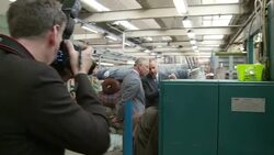The Prince of Wales visits Abraham Moon and Sons' vertical woollen mill. News Clip