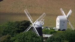 Jack And Jill Windmills On South Downs  - Aerial View - England, East Sussex, Wealden District, United Kingdom Stock Footage