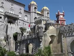 Sintra, Pena National Palace, view of the decorated gates and walls of the Palace Stock Footage