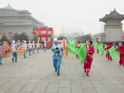 WS People performing Yangko dance during Chinese Spring Festival in park AUDIO / xi'an, shaanxi, china Stock Footage