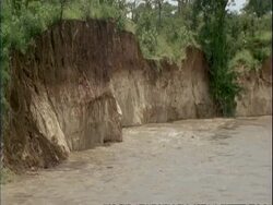 MS Pieces of rocky bank crumbling and falling into river, swollen from flood water, Mana Pools, Zimbabwe Stock Footage