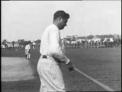 New York Yankees player Babe Ruth swings his bat during practice. News Clip
