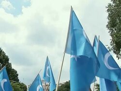 2009 MS TD TU Flags of the Uygur people and protestors shouting slogans during an anti-China protest in support of the Uygurs/ Washington D.C., USA/ AUDIO Stock Footage