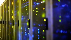 Lights blinking on server panels in server room cabinets Stock Footage