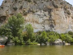 WS View of two young woman and man canoeing on river Gardon / Pont du Gard, Provence, France Stock Footage