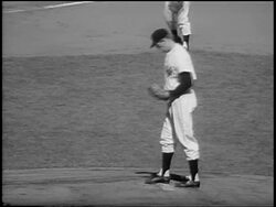 B/W 1956 PROFILE New York Yankee Don Larsen preparing to pitch a 'perfect game' in Game 5 of the World Series / NYC Stock Footage