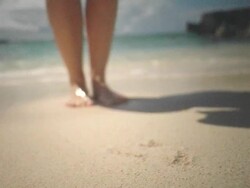 CU, SELECTIVE FOCUS, Cayman Islands, Grand Cayman, Smiths Cove, Woman picking up conch shell on beach, low section Stock Footage