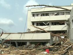Interior of destroyed Rikuzentakata city hospital, Iwate Prefecture, Japan on 2nd April 2011; 3 weeks after the tsunami following the Tohuku earthquake of March 2011. Stock Footage