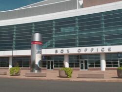 Shot of the box office at the Wells Fargo Center in Philadelphia, Pennsylvania. Shot pans from the box office to the front of the arena. Stock Footage