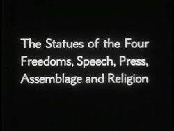 B/W 1940 tram + people walking by Statues of the Four Freedoms at New York World's Fair / travelogue Stock Footage