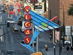 Downtown Las Vegas Neon Vegas sign at dusk,   Freemont East Area, United States of America, Nevada, Stock Footage