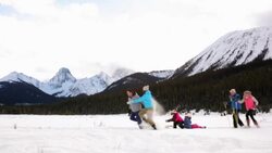 Multi-generation family sledding and cross-country skiing Stock Footage