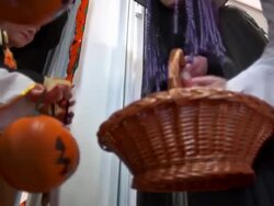 HD: Putting Candy In Halloween Buckets Stock Footage