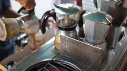 moka pot use coffee maker with hot coffee Stock Footage