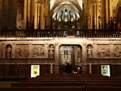 Cathedral (Cathedral of Santa Eulalia), view of the marble choir stalls, Barcelona, Spain Stock Footage