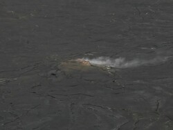 MS Shot from above of volcanic steam rising from vent in black lava field on Kilauea Iki Crater trail in Volcanoes National Park / Volcano, Hawall, Big Island, United States Stock Footage