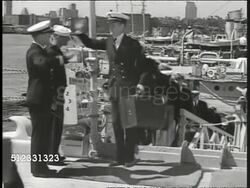 1940: READY FOR SERVICE: Pilots leaving building. Navy officers boarding ship. New Recruits in suits standing in line, turning in unison. Frame filled w/ American soldiers walking in parade formation, holding rifles.  Pre WWII. Instructional Video