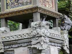 MS Macaque Monkeys in Pura Dalem Agung temple in Monkey Forest / Ubud, Bali, Indonesia Stock Footage