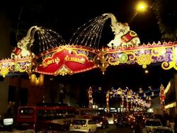 Decorations of Deepanvali (Festival of Lights) in Serangoon Rd. (Little India), Singapore Stock Footage
