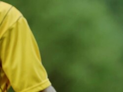 SLO MO MS referee showing yellow card on field to professional soccer player arguing call Stock Footage