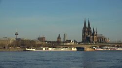 Rhine River, Gross St. Martin's Church and Cologne Cathedral, Cologne, North Rhine-Westphalia, Germany Stock Footage