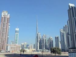 WS View of Construction and new skyline of amazing Dubai UAE with world's tallest building Burj Khalifa with traffic in Middle East in Gulf States / Dubai, United Arab Emirates Stock Footage