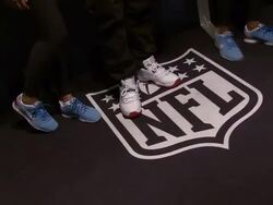 Victor Cruz (center) at Nike Celebrates NFL Uniform Retail Launch at Niketown New York with Fans, Athletes and Entertainers Stock Footage