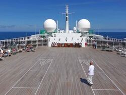 WS View of People resting with standing on board at cruise ship Queen Mary 2 / North Sea, Jutland, Denmark Stock Footage